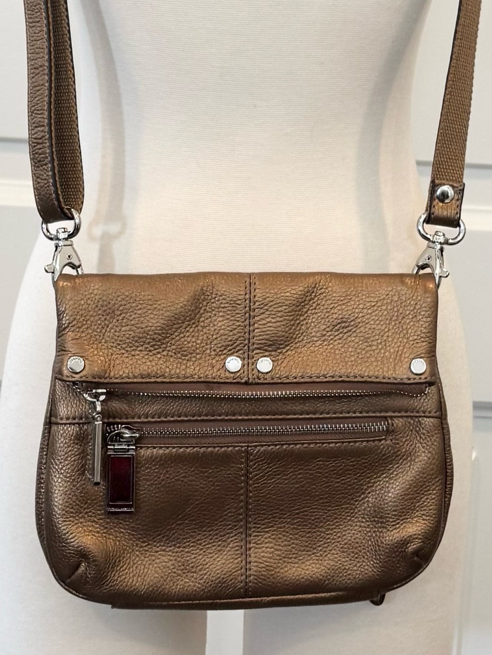 Luxury Bronze Leather Tignanello Metallic Shoulder Cross Body Bag Purse Handbag